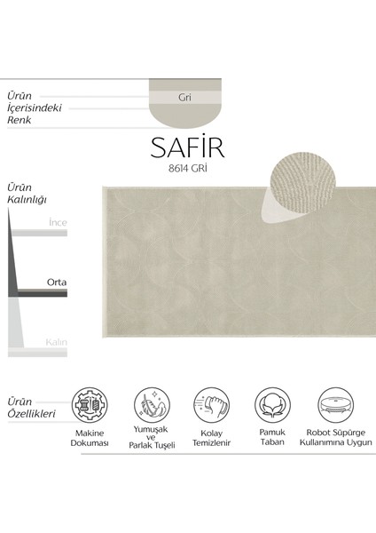 safir 8614 Gri Yolluk Uzun Antre Hol Koridor Halısı Makine Dokuması Modern Yatak Odası Halı Yolluk