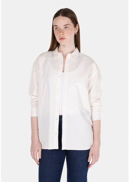 Relaxed Fit Shirt Neck Düz Kadın Beyaz Uzun Kol Gömlek