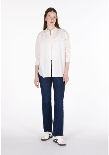 Relaxed Fit Shirt Neck Düz Kadın Beyaz Uzun Kol Gömlek modelleri