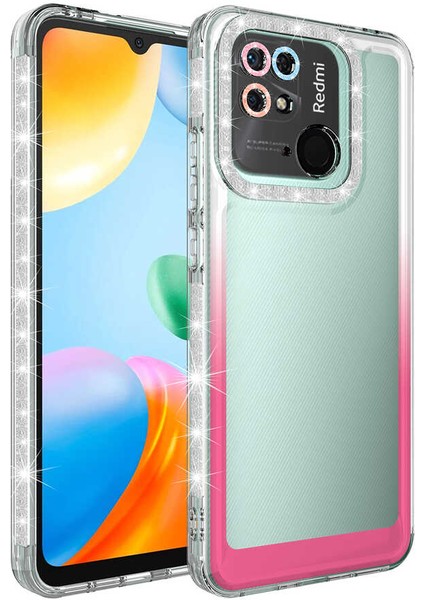 Xiaomi Redmi 10C Kılıf Simli ve Renk Geçiş Tasarımlı Lens Korumalı Park Kapak-Beyaz-Pembe