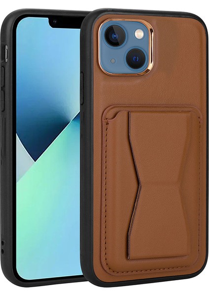 Apple iPhone 13 Kılıf Kartlıklı Standlı ​pu Deri Memo Kapak-Kahverengi