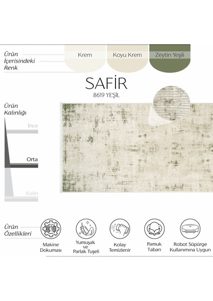 safir 8619 Yeşil Yolluk Uzun Antre Hol Koridor Halısı Makine Dokuması Modern Yatak Odası Halı Yolluk
