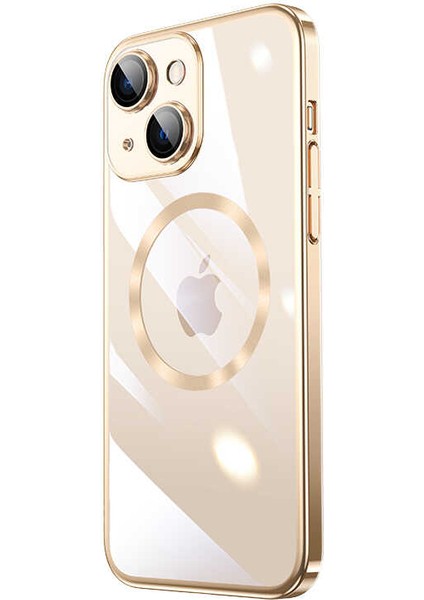 Apple iPhone 14 Plus Kılıf Wireless Şarj Özellikli Sert Pc Riksos Magsafe Kapak-Gold