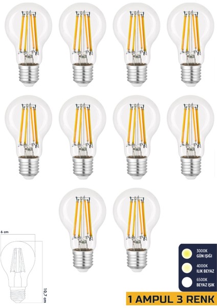 3 Renkli LED Filament Rustik Ampul 6W E27 A60 ERD-261