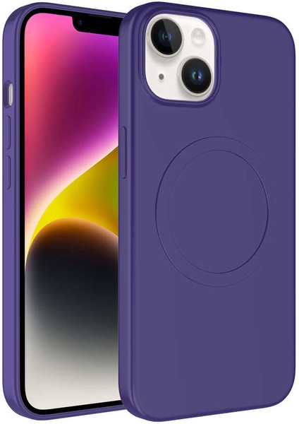 Apple iPhone 14 Plus Kılıf Magsafe Wireless Şarj Özellikli Pastel Renk Silikon Plas Kapak-Mürdüm