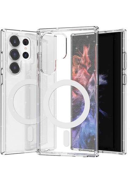 Galaxy S23 Ultra Kılıf Magsafe Şarj Özellikli Parlayan Simli Saydam Renkli Allstar Kapak-Şeffaf