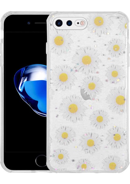 Apple iPhone 7 Plus Uyumlu Simli Desenli Kamera Korumalı Parlak Popy Kapak-Kalp modelleri