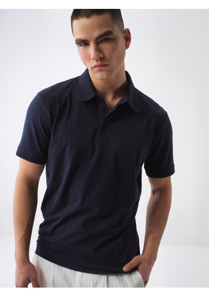 Erkek Lacivert Slim Fit Pamuklu Polo Yaka Basic Tişört
