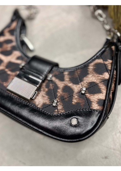 Keina Tek Bölmeli Değiştirilebilir Çift Askılı Klips Kapama Taş Işlemeli El ve Omuz Çantası Leopar