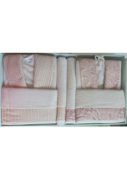 Pamuklu 6 Parça Aile Bornoz Seti-Candidum Krem-Pembe Krem-Bej