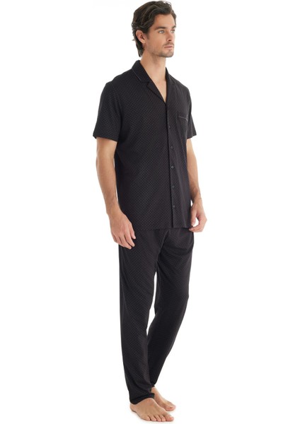 Erkek Premium Kısa Kol Önden Düğmeli Siyah Pijama Takımı C0T0N7O04