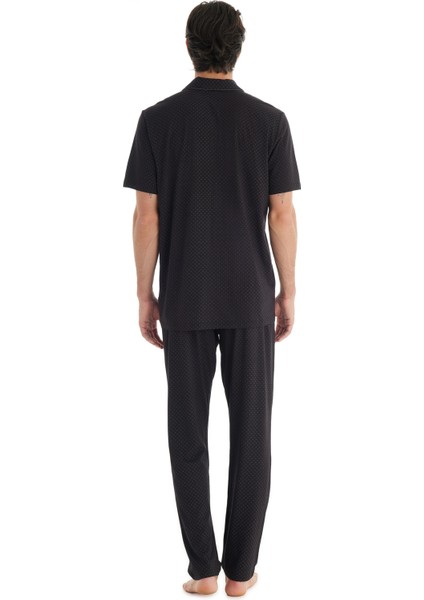 Erkek Premium Kısa Kol Önden Düğmeli Siyah Pijama Takımı C0T0N7O04 fırsatları