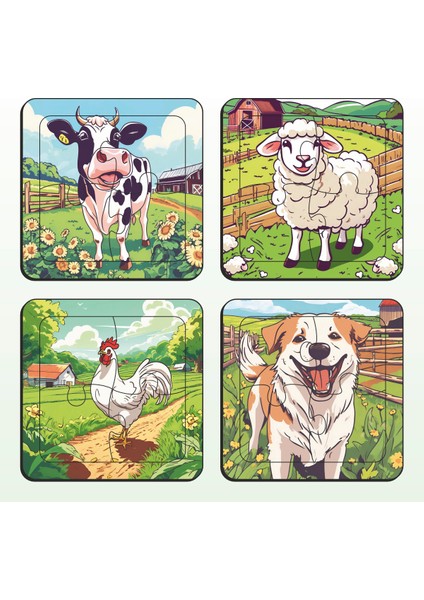 Eğitici & Öğretici Çiftlik Hayvanları 4 Parça 4 Adet Ahşap Puzzle Yapboz Seti