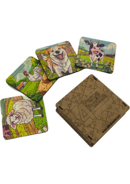Eğitici & Öğretici Çiftlik Hayvanları 4 Parça 4 Adet Ahşap Puzzle Yapboz Seti