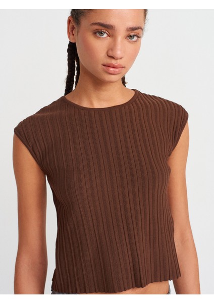 10738 Bisiklet Yaka Fitilli Ince Triko Bluz-Kahve