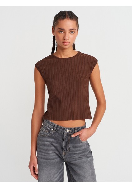10738 Bisiklet Yaka Fitilli Ince Triko Bluz-Kahve modelleri