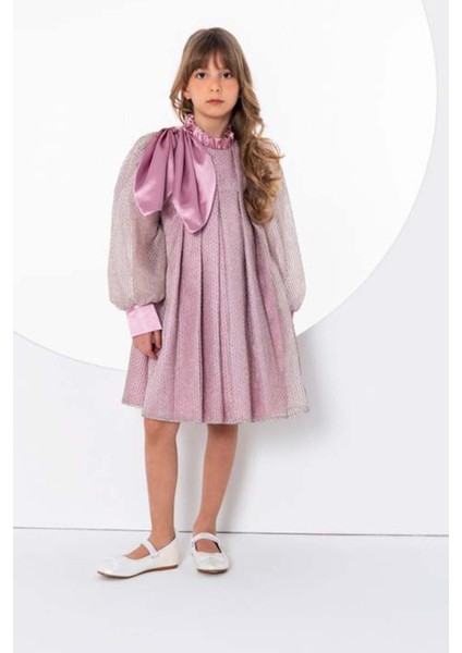 Kız Çocuk Omzu Kurdele Detaylı Yakası Fırfırlı Şerit Pullu Pileli Gül Kurusu Elbise modelleri