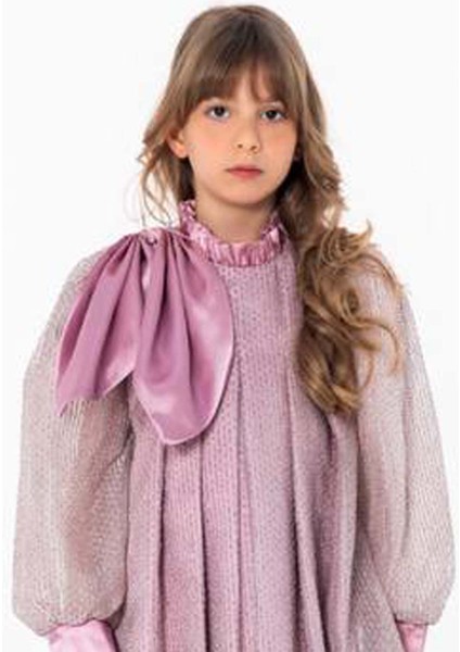 Kız Çocuk Omzu Kurdele Detaylı Yakası Fırfırlı Şerit Pullu Pileli Gül Kurusu Elbise fırsatları