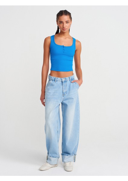 71806 Paçası Kıvrık Denim Balon Pantolon-Mavi
