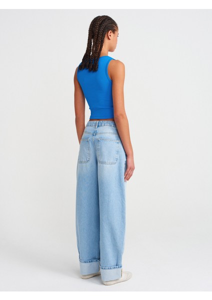 71806 Paçası Kıvrık Denim Balon Pantolon-Mavi fiyatları