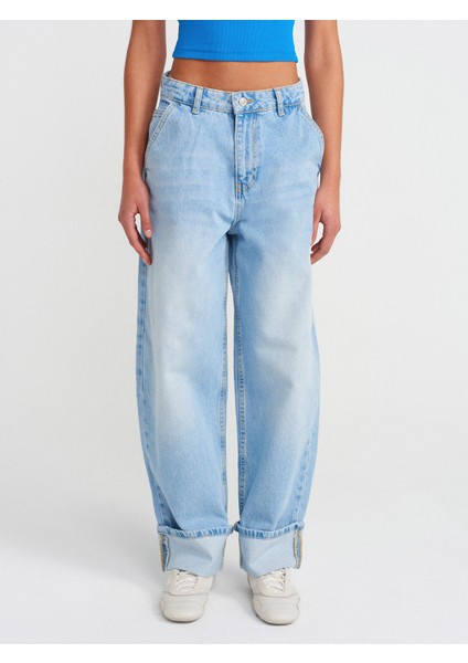 71806 Paçası Kıvrık Denim Balon Pantolon-Mavi fırsatları