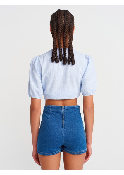 71799 Önü Yırtmaçlı Likralı Denim Şort Etek-Mavi
