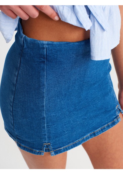 71799 Önü Yırtmaçlı Likralı Denim Şort Etek-Mavi