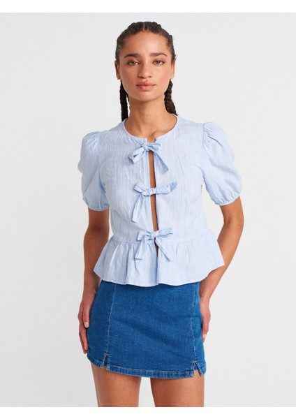 71799 Önü Yırtmaçlı Likralı Denim Şort Etek-Mavi