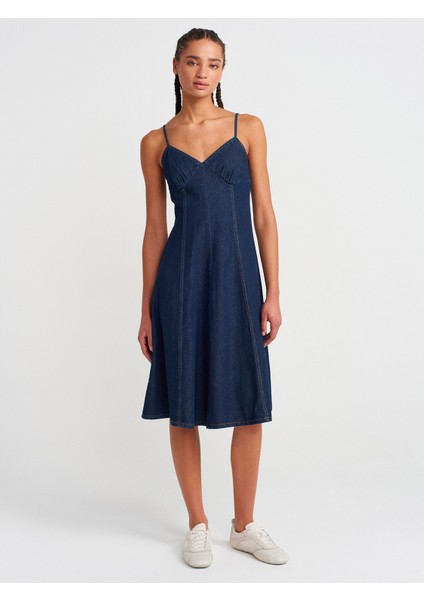90549 Askılı Denim Midi Elbise-Lacivert