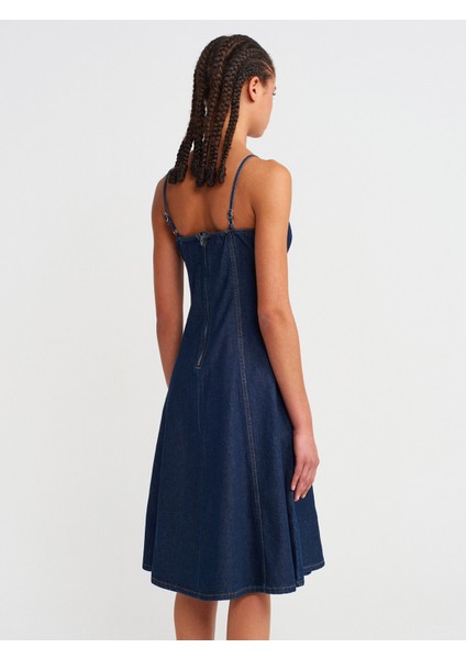 90549 Askılı Denim Midi Elbise-Lacivert fiyatları