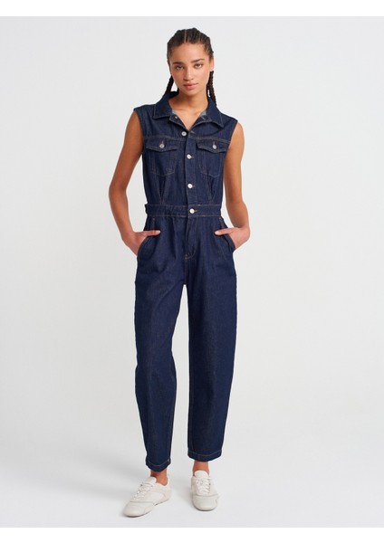 71804 Kolsuz Uzun Denim Tulum-Lacivert