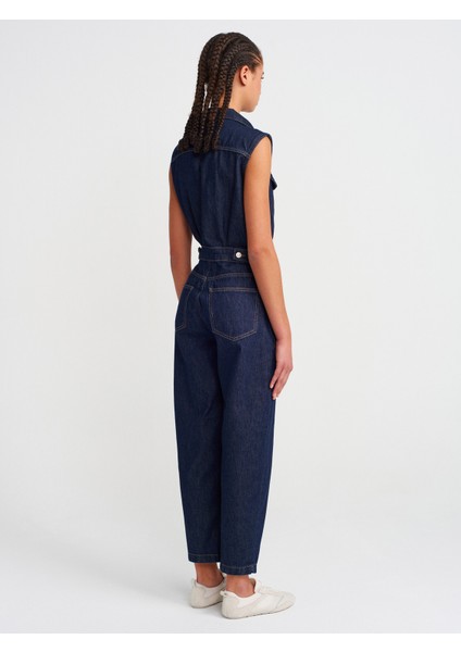71804 Kolsuz Uzun Denim Tulum-Lacivert