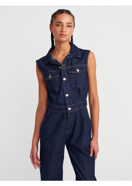71804 Kolsuz Uzun Denim Tulum-Lacivert