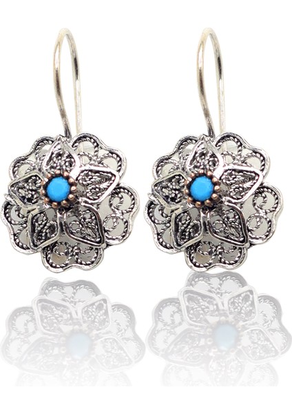 Firuze Taşlı Çiçek Model Oksitli Telkari Kadın Gümüş Küpe 201023903 fiyatları