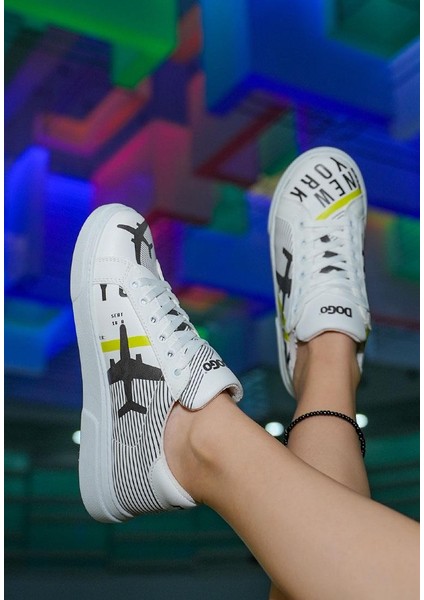Kadın Vegan Deri Beyaz Sneakers - New York Ticket Tasarım fiyatları