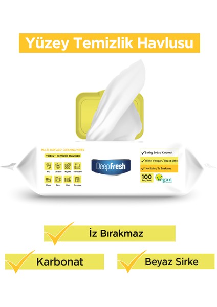 Iz Bırakmaz Yüzey Temizlik Havlusu 100 Yaprak 3 Adet | Limon Yağlı | Karbonat, Beyaz Sirke
