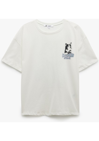 Kısa Kollu Bisiklet Yaka Pamuklu Kedi Baskılı Oversize Tişört