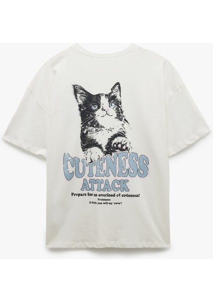Kısa Kollu Bisiklet Yaka Pamuklu Kedi Baskılı Oversize Tişört fiyatları