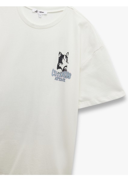 Kısa Kollu Bisiklet Yaka Pamuklu Kedi Baskılı Oversize Tişört modelleri