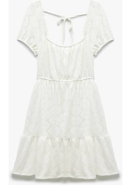 Sırt Detaylı Katlı Kısa Kollu Kare Yaka Mini Fisto Elbise