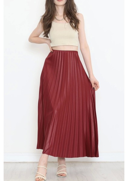 Zarif ve Modern Pileli Parlak Krep Gizli Lastikli Bordo Etek