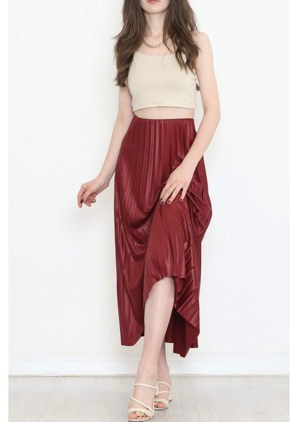 Zarif ve Modern Pileli Parlak Krep Gizli Lastikli Bordo Etek indirimleri
