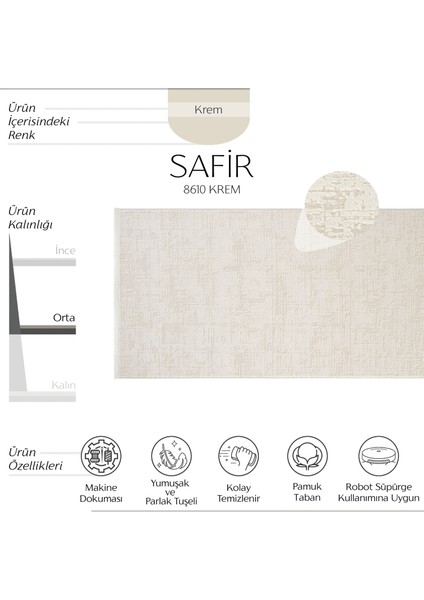 safir 8610 Krem Yolluk Uzun Antre Hol Koridor Halısı Makine Dokuması Modern Yatak Odası Halı Yolluk