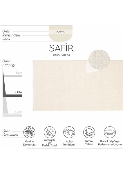 safir 8616 Krem Yolluk Uzun Antre Hol Koridor Halısı Makine Dokuması Modern Yatak Odası Halı Yolluk