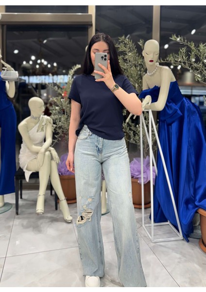 Leysi Bol Paça Yüksek Bel Kot Pantolon Tint Mavi