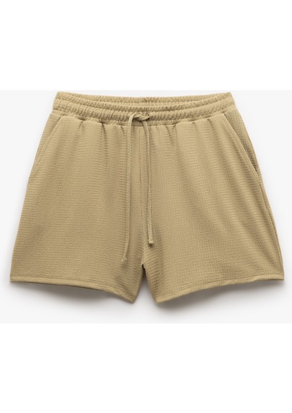 Beli Bağlamalı Bürümcük Kumaş Dokulu Cepli Mini Şort