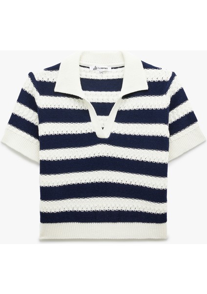 Çizgili Polo Yaka Kısa Kollu Triko Kazak