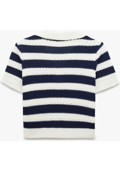 Çizgili Polo Yaka Kısa Kollu Triko Kazak fiyatları