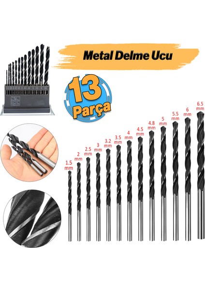 Metal Delme Matkap Ucu Seti 13 'lü Paket Çelik Metal Alüminyum Delici Uç 1.5 - 6.5 mm Arası Çap