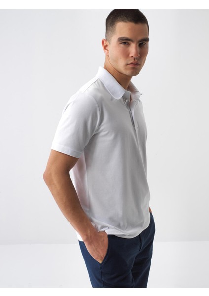 Erkek Beyaz Slim Fit Pamuklu Polo Yaka Basic Tişört